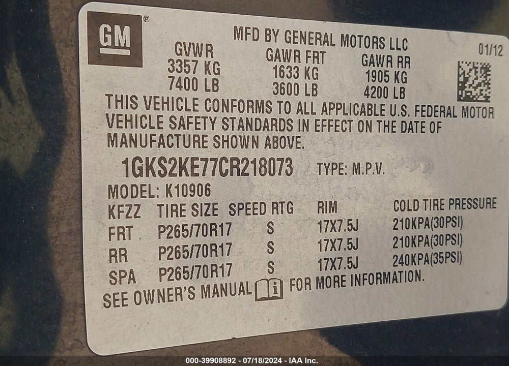 2012 GMC YUKON XL 1500 SLT VIN: 1GKS2KE77CR218073