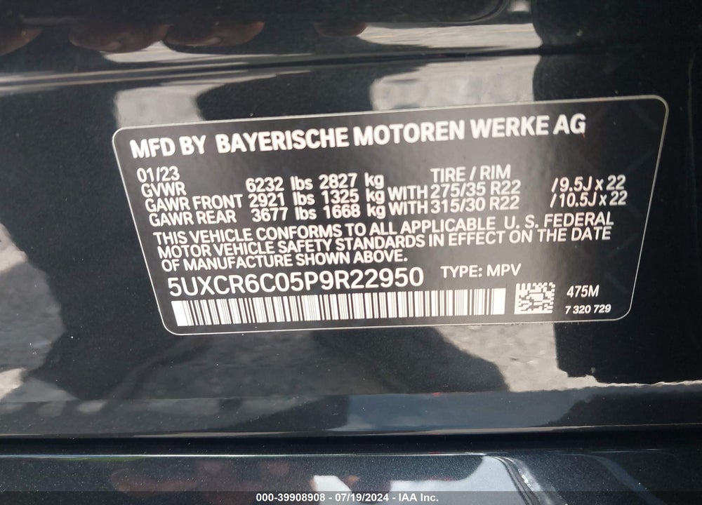 2023 BMW X5 XDRIVE40I VIN: 5UXCR6C05P9R22950