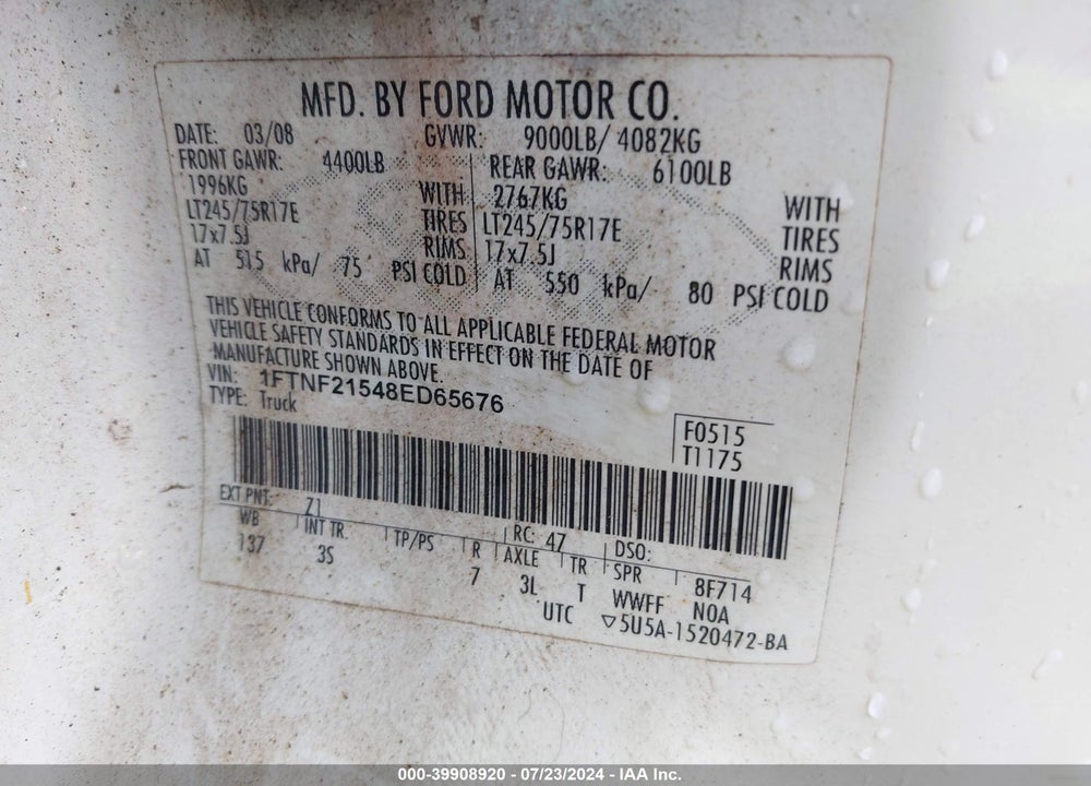 2008 FORD F-250 XL/XLT VIN: 1FTNF21548ED65676