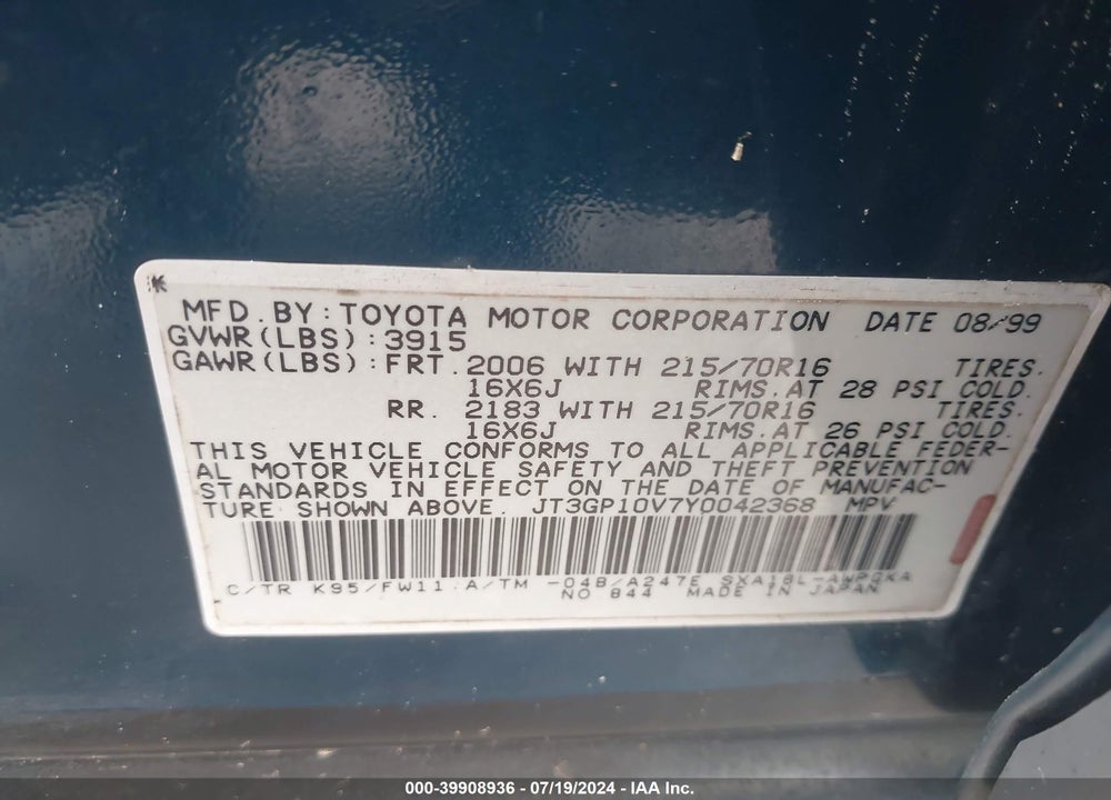 2000 TOYOTA RAV4 VIN: JT3GP10V7Y0042368