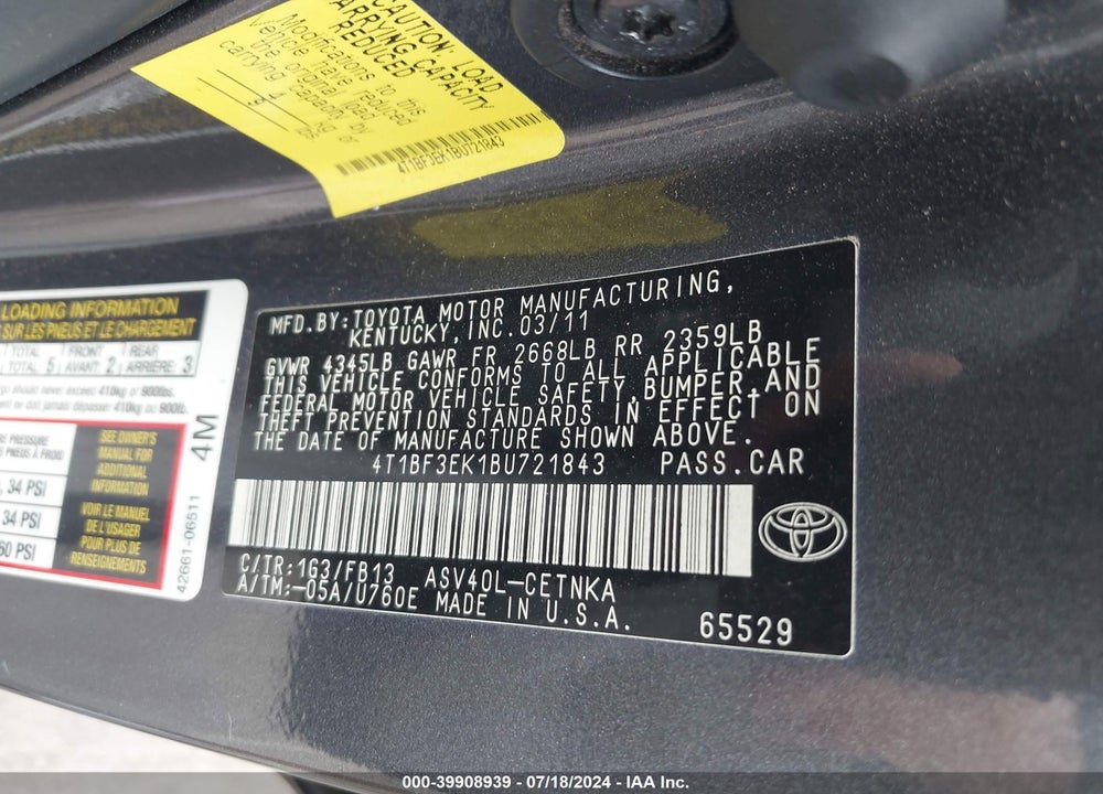 2011 TOYOTA CAMRY LE VIN: 4T1BF3EK1BU721843