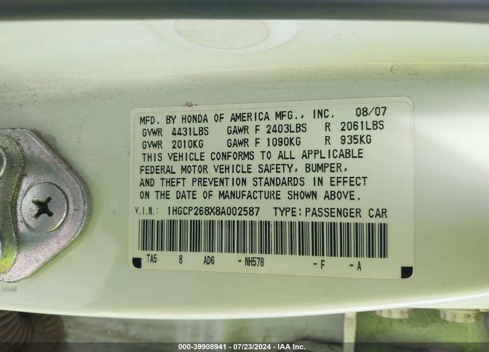 2008 HONDA ACCORD 2.4 EX-L VIN: 1HGCP268X8A002587