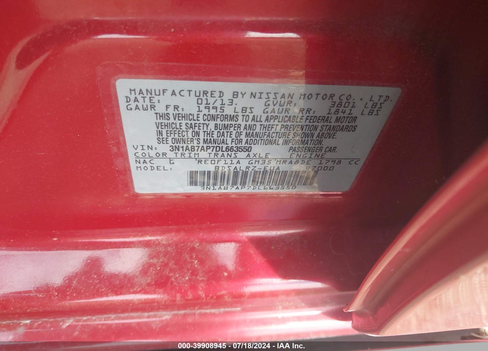 2013 NISSAN SENTRA SR VIN: 3N1AB7AP7DL663550
