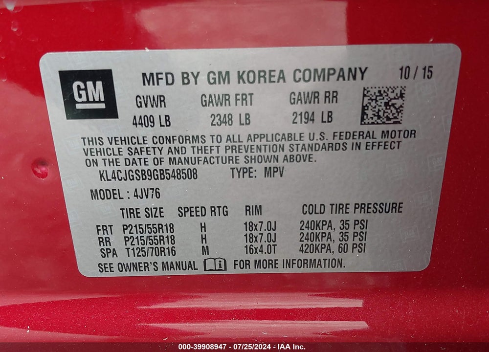 2016 BUICK ENCORE LEATHER VIN: KL4CJGSB9GB548508