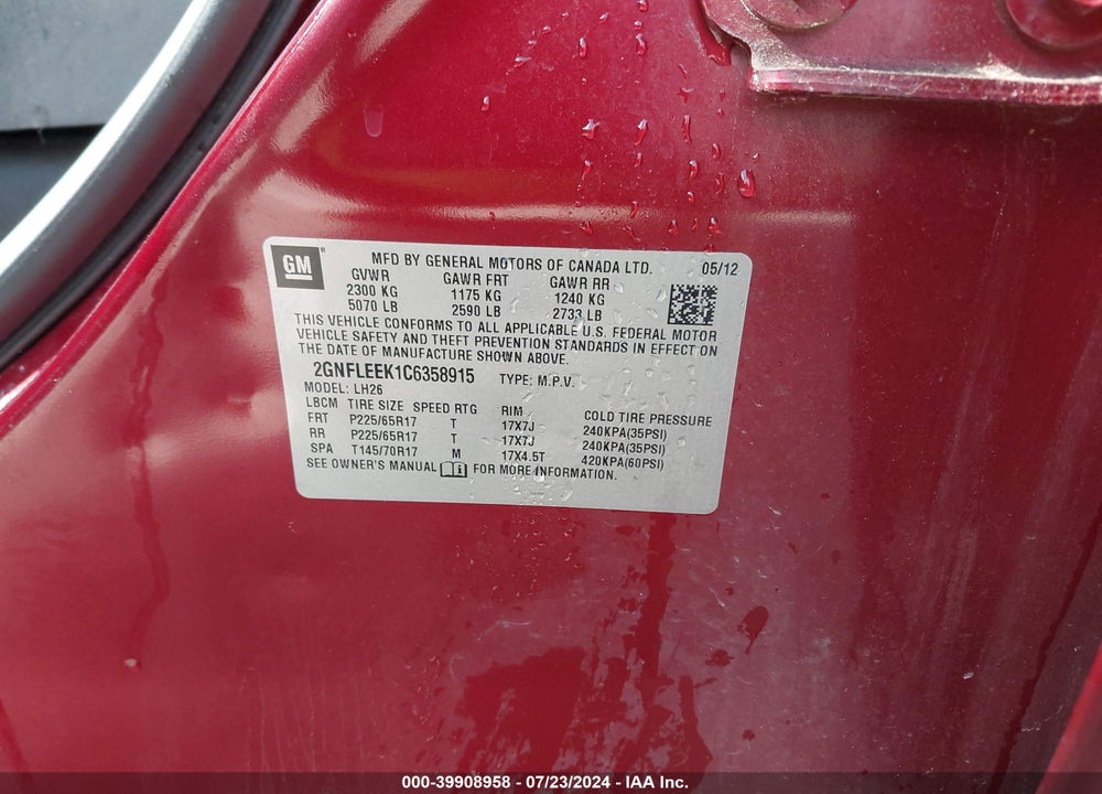 2012 CHEVROLET EQUINOX 1LT VIN: 2GNFLEEK1C6358915