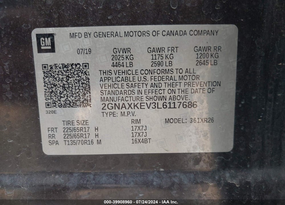 2020 CHEVROLET EQUINOX FWD LT 1.5L TURBO VIN: 2GNAXKEV3L6117686