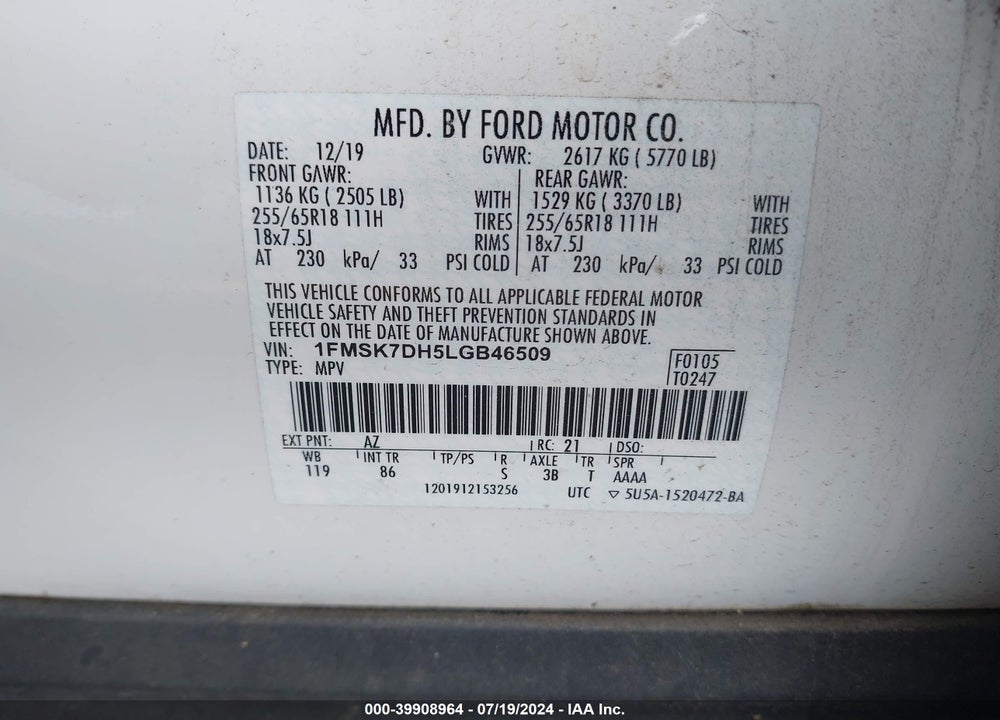 2020 FORD EXPLORER XLT VIN: 1FMSK7DH5LGB46509
