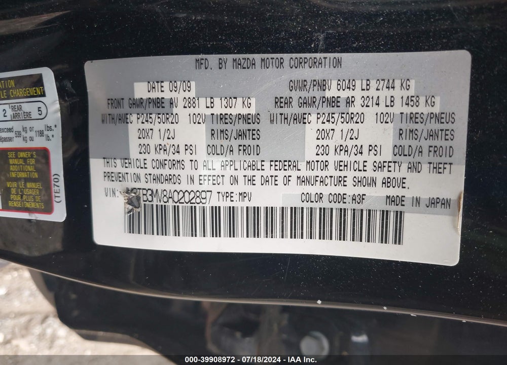 2010 MAZDA CX-9 GRAND TOURING VIN: JM3TB3MV8A0202897