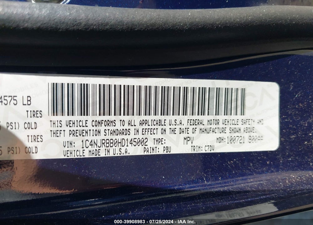 2017 JEEP PATRIOT SPORT 4X4 VIN: 1C4NJRBB0HD145002