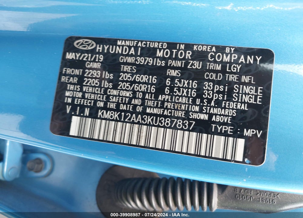 2019 HYUNDAI KONA SE VIN: KM8K12AA3KU387837
