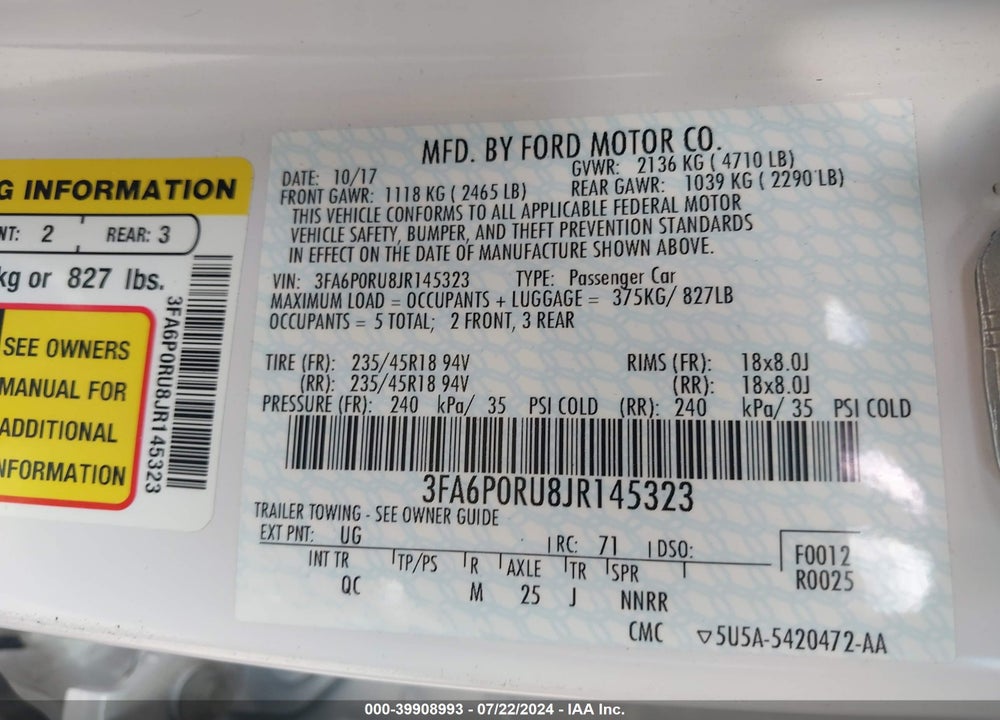 2018 FORD FUSION HYBRID PLATINUM VIN: 3FA6P0RU8JR145323