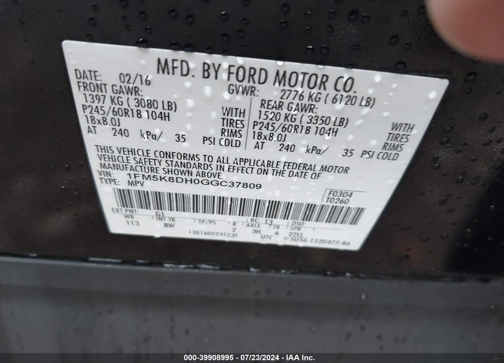2016 FORD EXPLORER XLT VIN: 1FM5K8DH0GGC37809