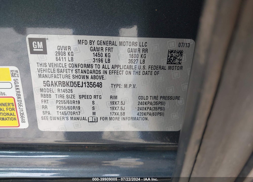 2014 BUICK ENCLAVE LEATHER VIN: 5GAKRBKD5EJ135648
