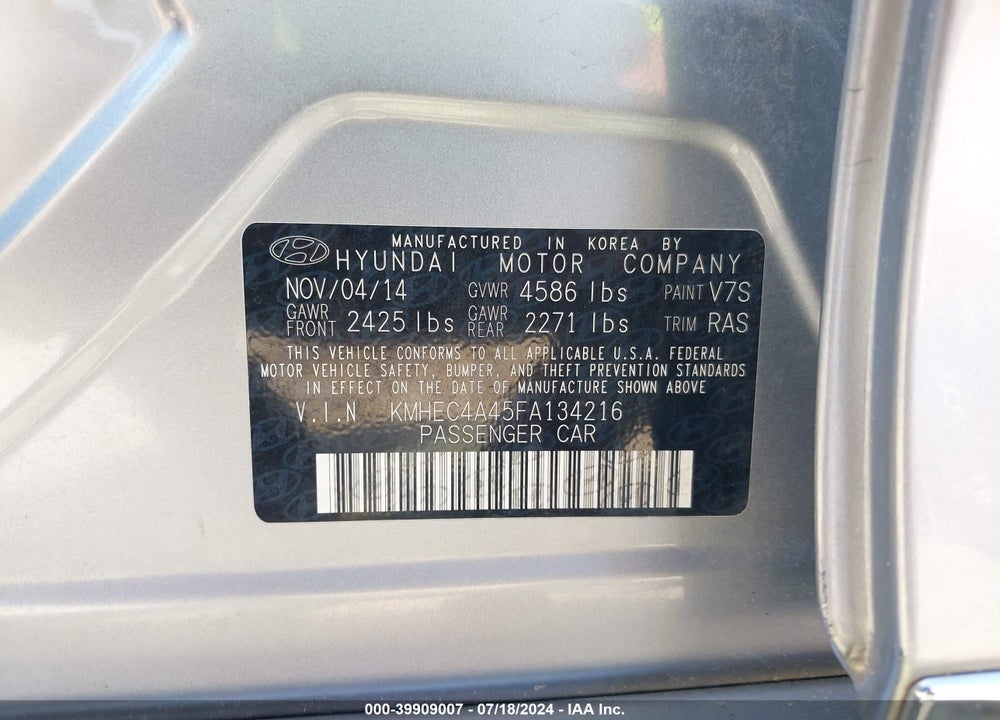 2015 HYUNDAI SONATA HYBRID VIN: KMHEC4A45FA134216