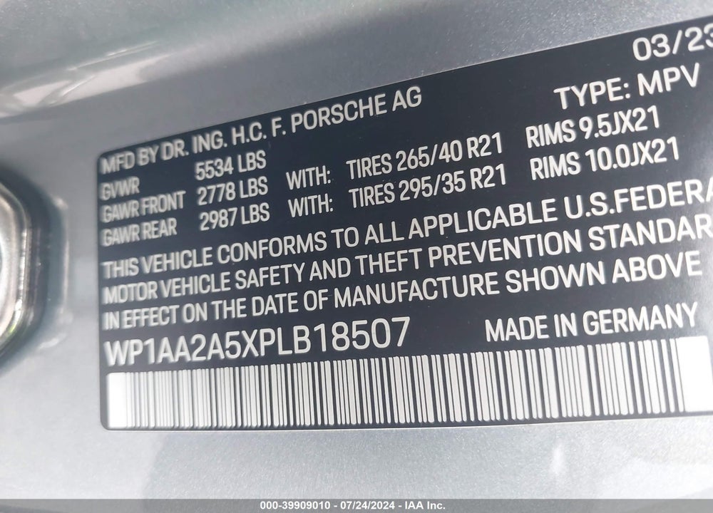 2023 PORSCHE MACAN T VIN: WP1AA2A5XPLB18507