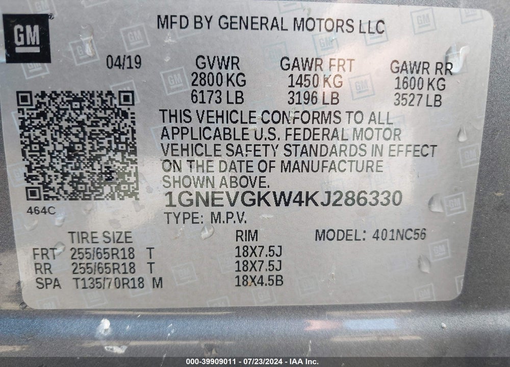 2019 CHEVROLET TRAVERSE 1LT VIN: 1GNEVGKW4KJ286330