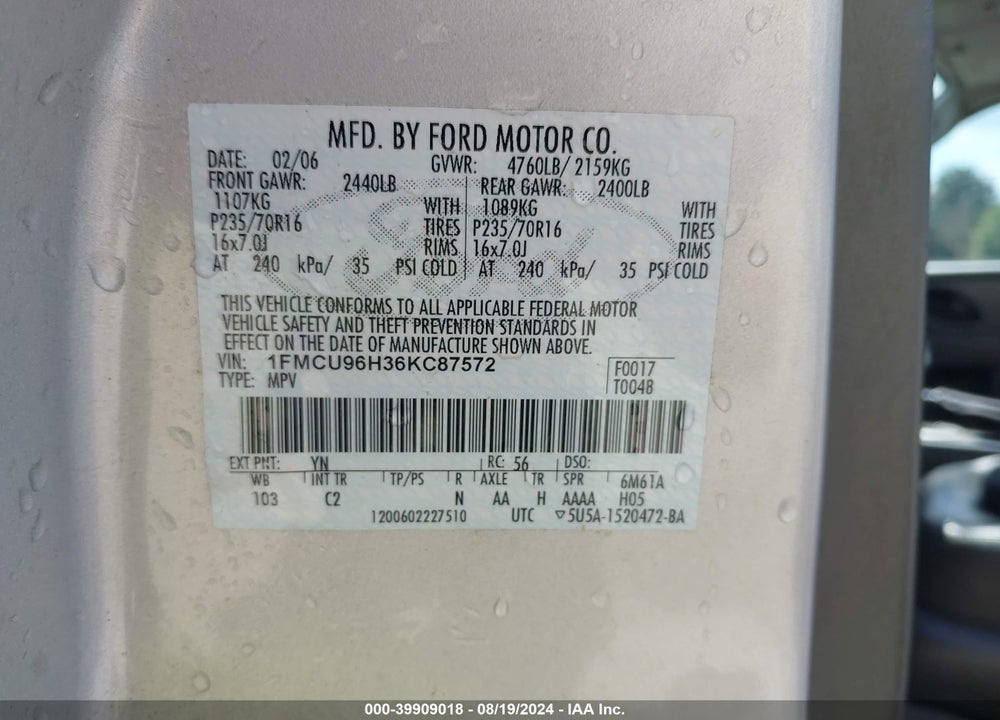2006 FORD ESCAPE HYBRID VIN: 1FMCU96H36KC87572