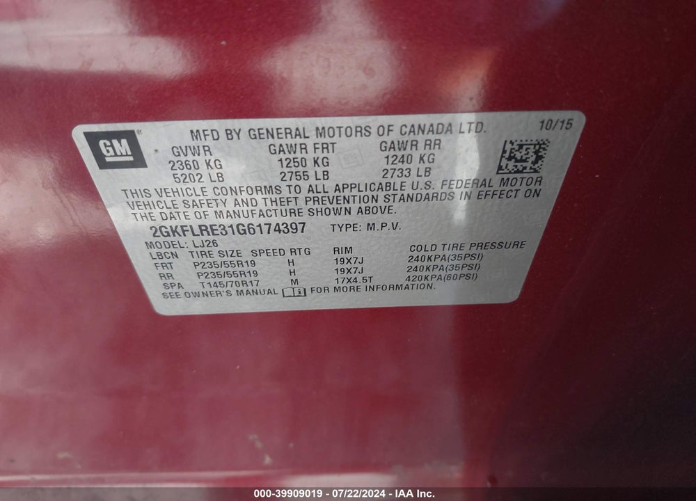 2016 GMC TERRAIN DENALI VIN: 2GKFLRE31G6174397