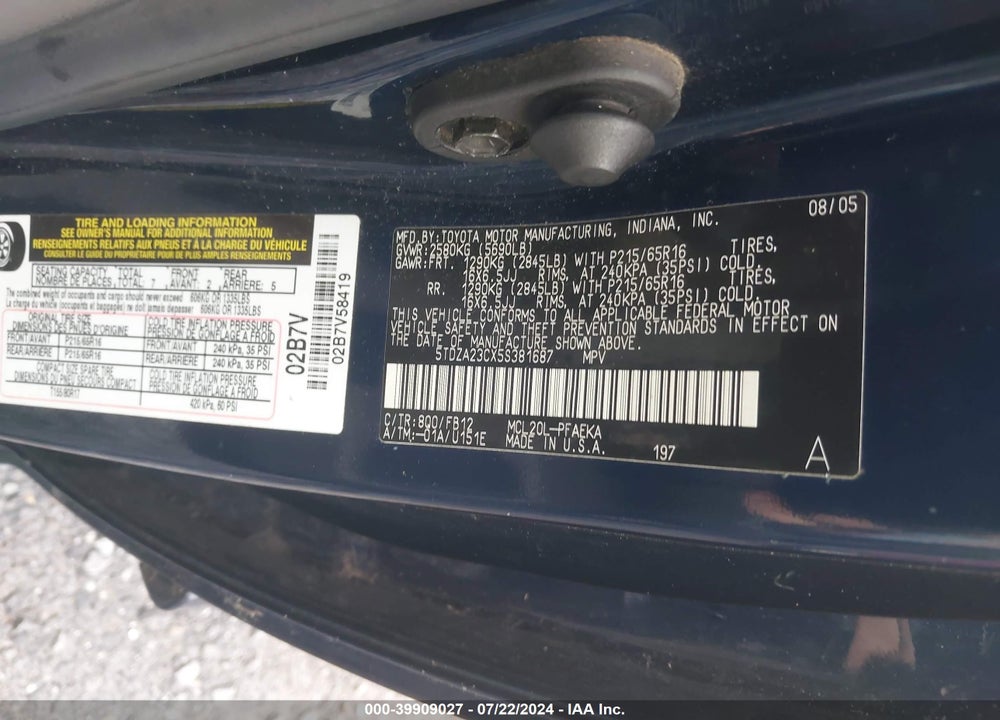 2005 TOYOTA SIENNA LE VIN: 5TDZA23CX5S381687
