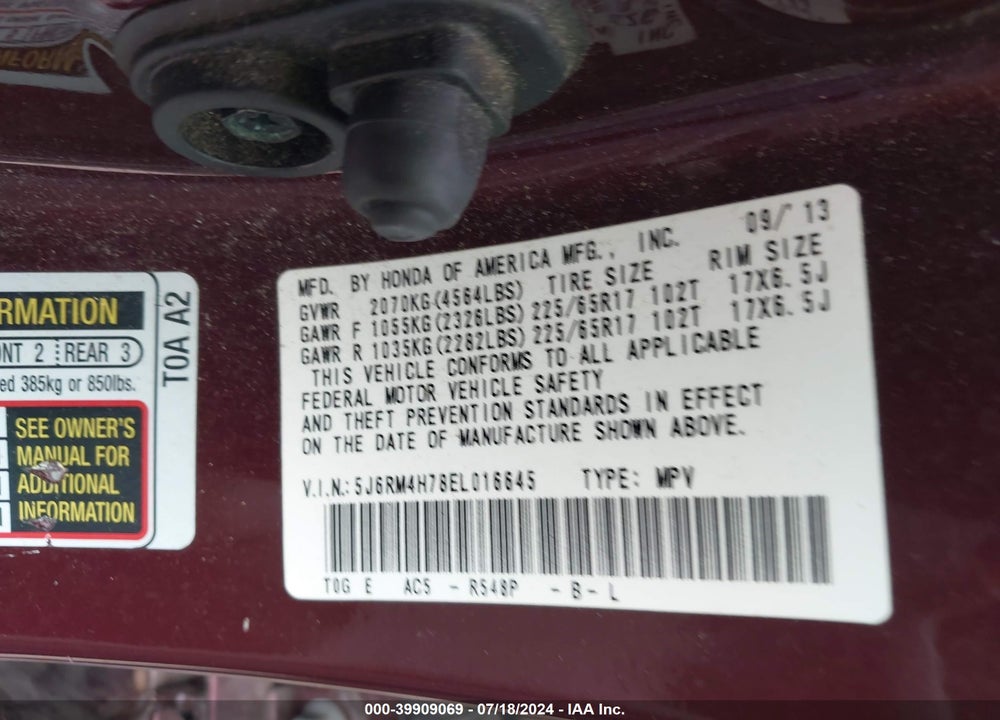 2014 HONDA CR-V EX-L VIN: 5J6RM4H78EL016645