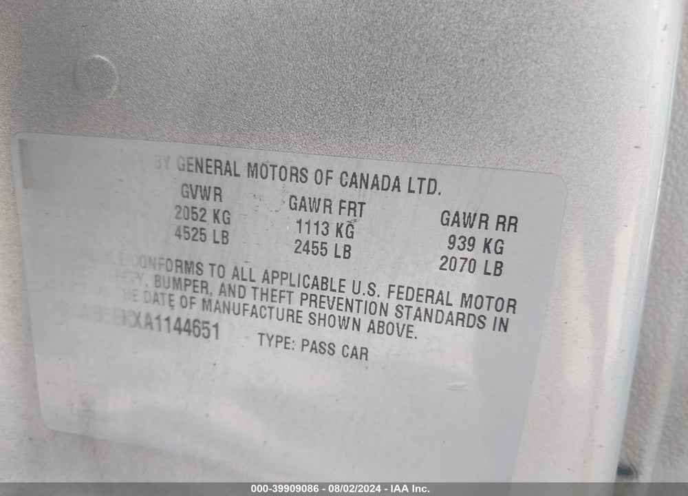 2010 CHEVROLET IMPALA LT VIN: 2G1WB5EKXA1144651