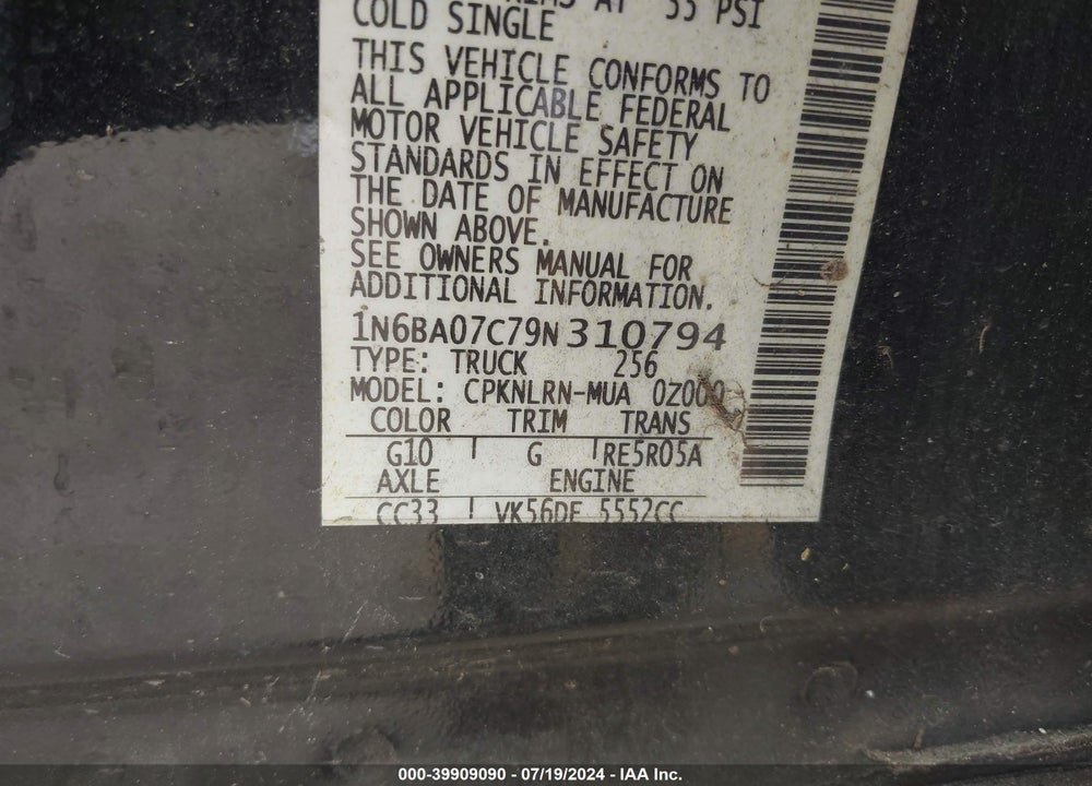 2009 NISSAN TITAN XE VIN: 1N6BA07C79N310794