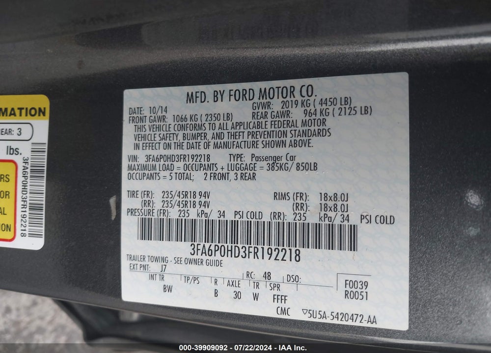2015 FORD FUSION SE VIN: 3FA6P0HD3FR192218