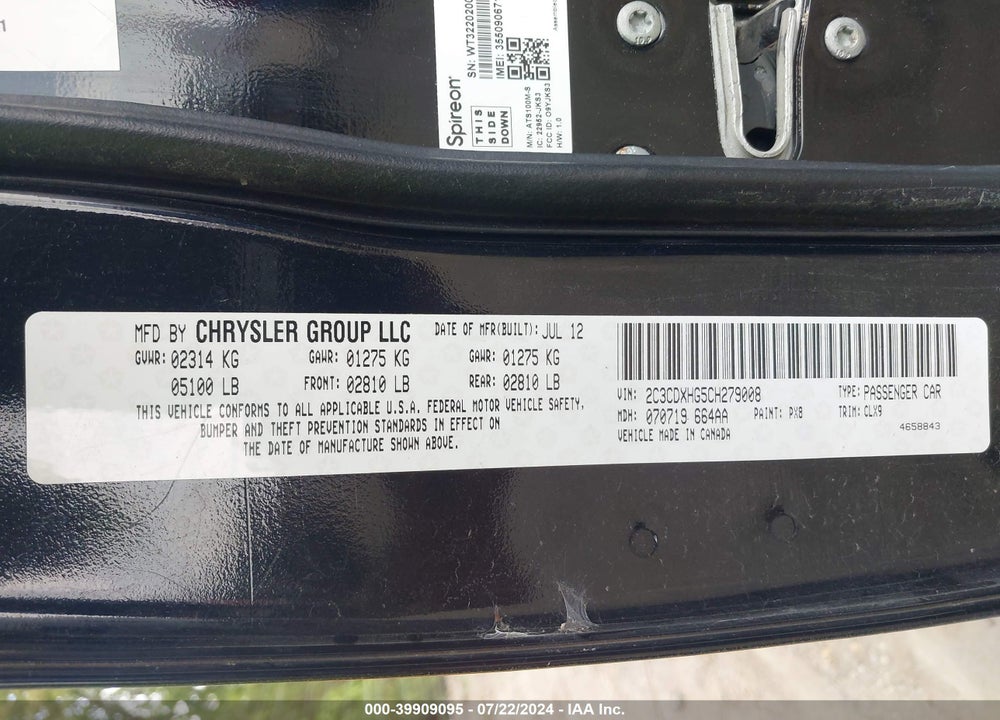 2012 DODGE CHARGER SXT VIN: 2C3CDXHG5CH279008