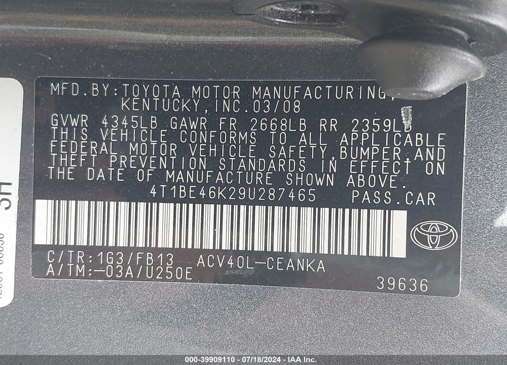 2009 TOYOTA CAMRY LE VIN: 4T1BE46K29U287465