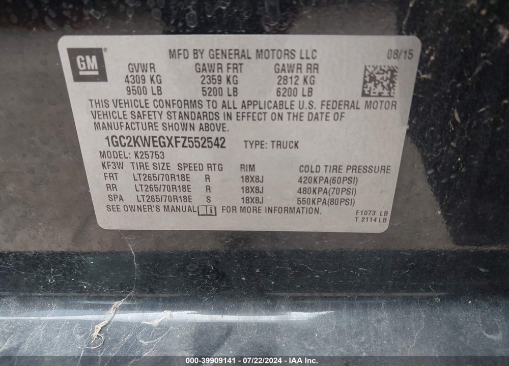 2015 CHEVROLET SILVERADO 2500HD LTZ VIN: 1GC2KWEGXFZ552542