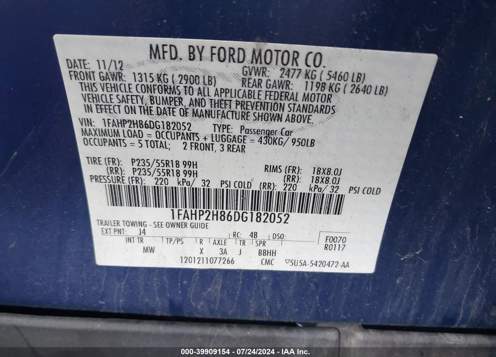 2013 FORD TAURUS SEL VIN: 1FAHP2H86DG182052