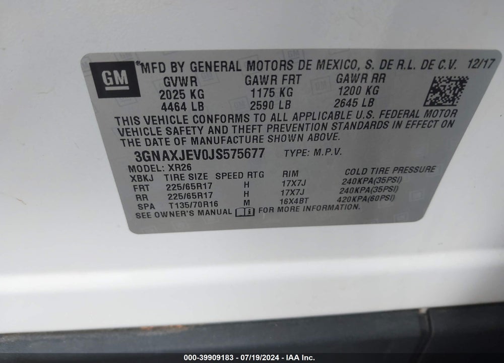 2018 CHEVROLET EQUINOX LT VIN: 3GNAXJEV0JS575677