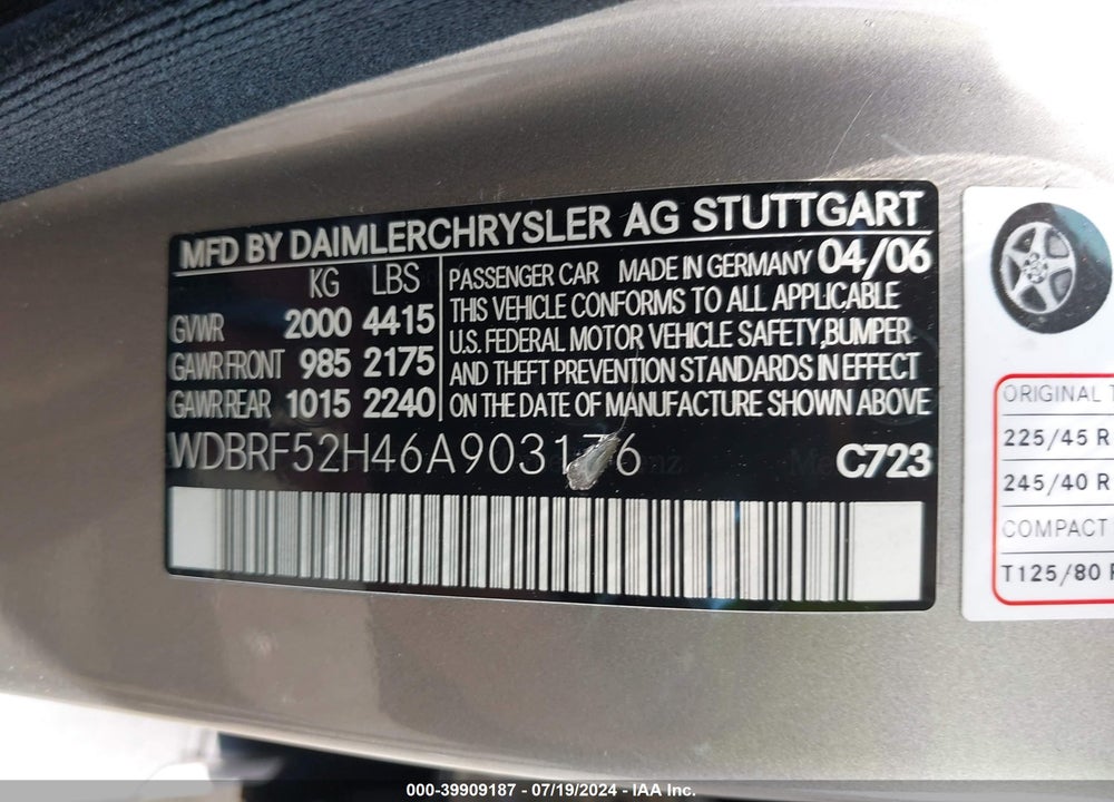 2006 MERCEDES-BENZ C 230 VIN: WDBRF52H46A903176