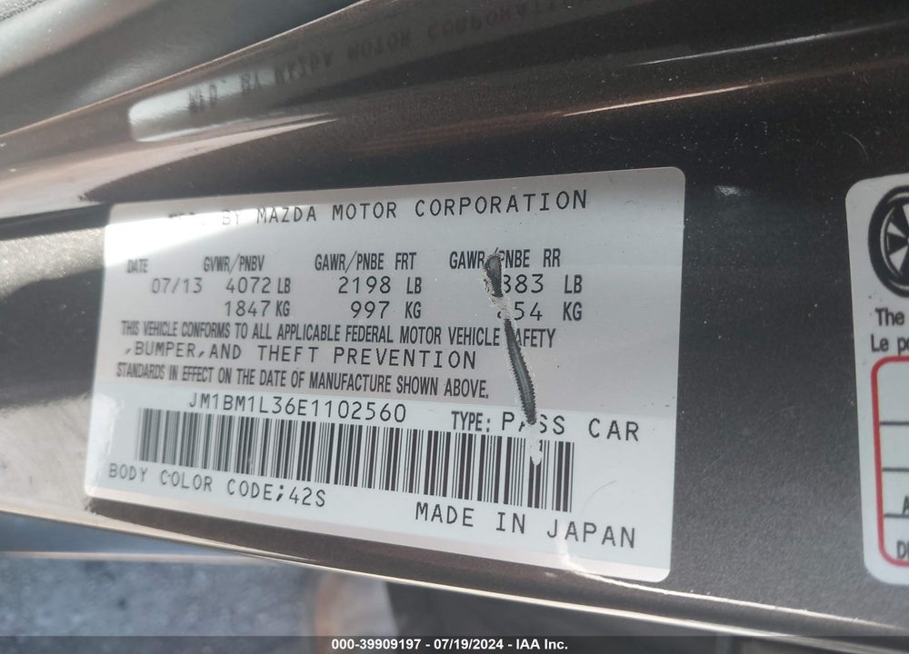 2014 MAZDA 3 S TOURING VIN: JM1BM1L36E1102560