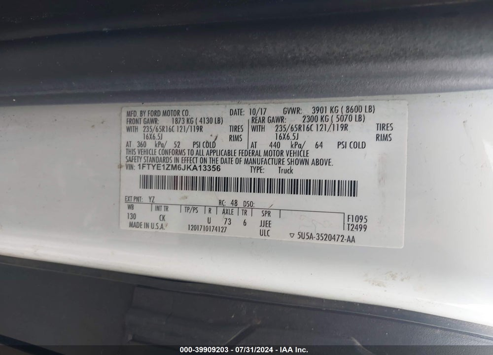 2018 FORD TRANSIT-150 VIN: 1FTYE1ZM6JKA13356