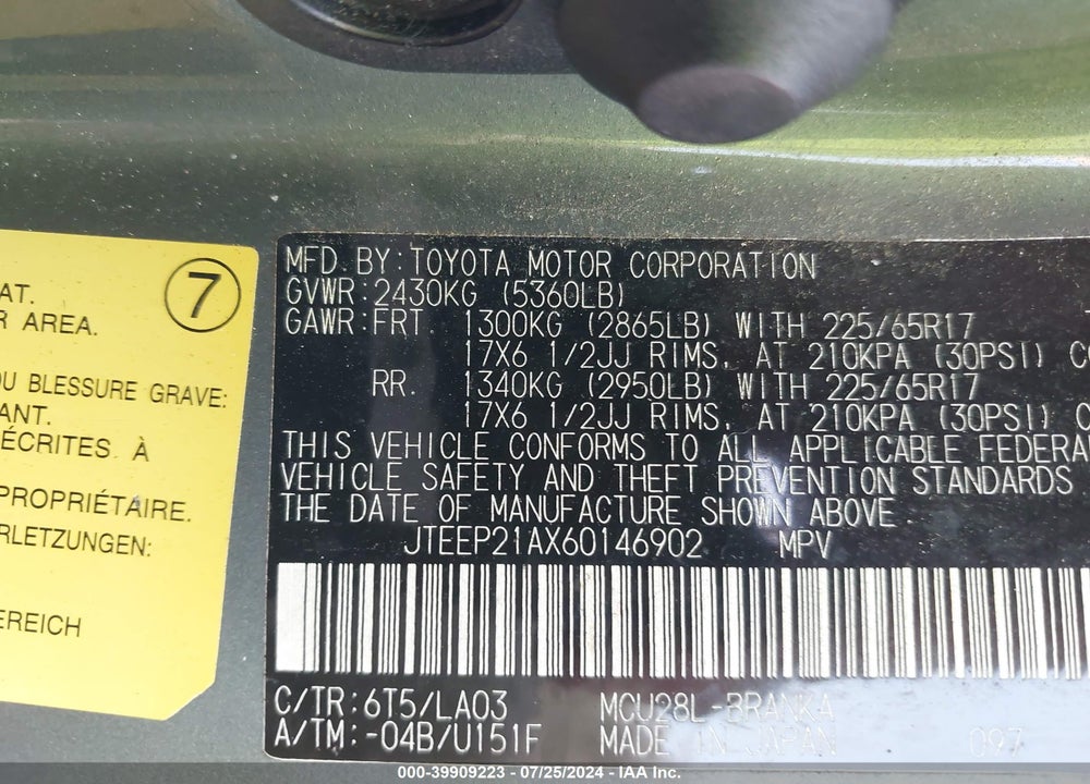 2006 TOYOTA HIGHLANDER LIMITED V6 VIN: JTEEP21AX60146902