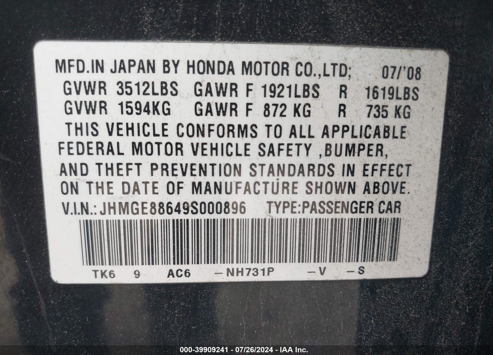 2009 HONDA FIT SPORT VIN: JHMGE88649S000896
