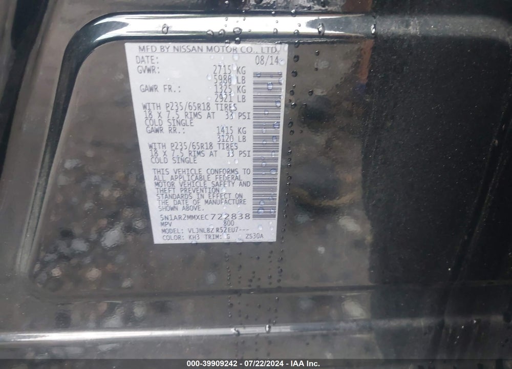 2014 NISSAN PATHFINDER S VIN: 5N1AR2MMXEC722838