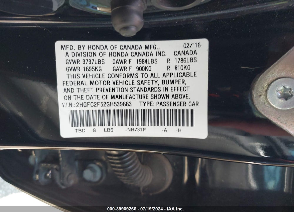 2016 HONDA CIVIC LX VIN: 2HGFC2F52GH539663