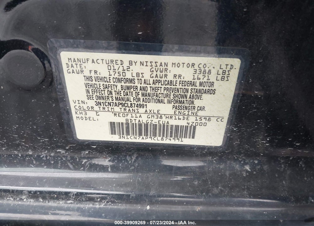 2012 NISSAN VERSA 1.6 SL VIN: 3N1CN7AP9CL874991
