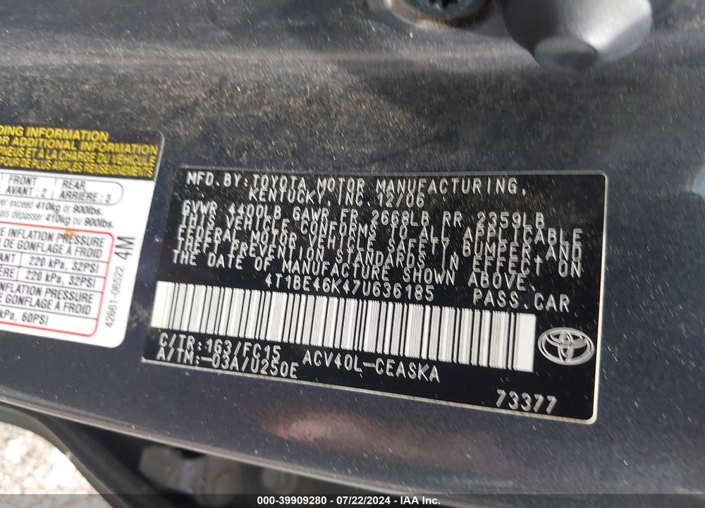 2007 TOYOTA CAMRY SE VIN: 4T1BE46K47U636185