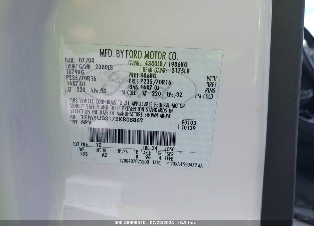 2005 FORD ESCAPE XLT VIN: 1FMYU03175KB08862