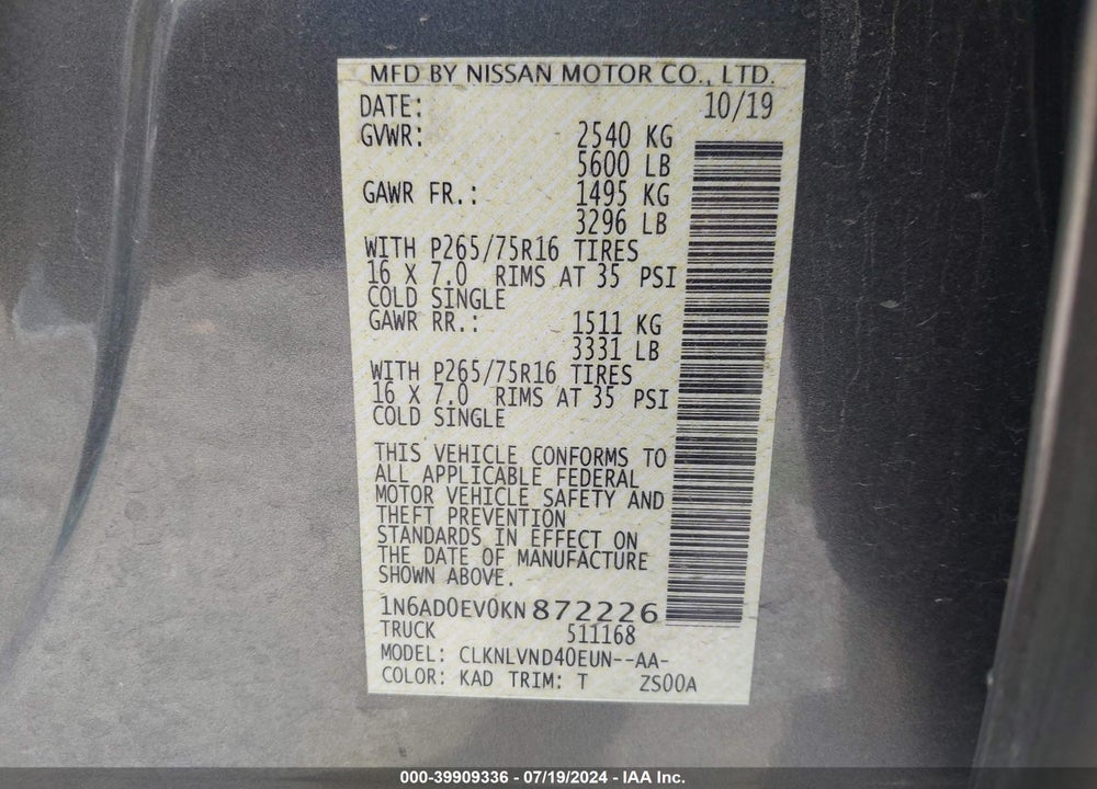 2019 NISSAN FRONTIER PRO-4X VIN: 1N6AD0EV0KN872226
