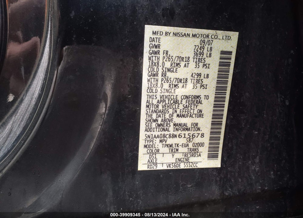 2008 NISSAN ARMADA SE VIN: 5N1AA08C88N615678