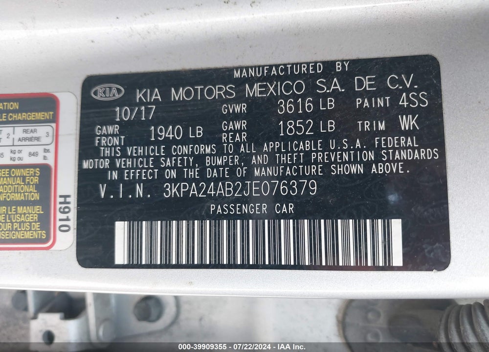 2018 KIA RIO S VIN: 3KPA24AB2JE076379