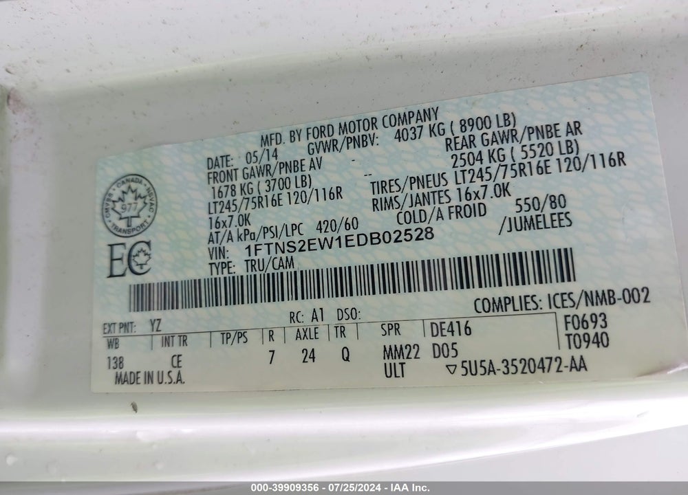 2014 FORD E-250 COMMERCIAL VIN: 1FTNS2EW1EDB02528