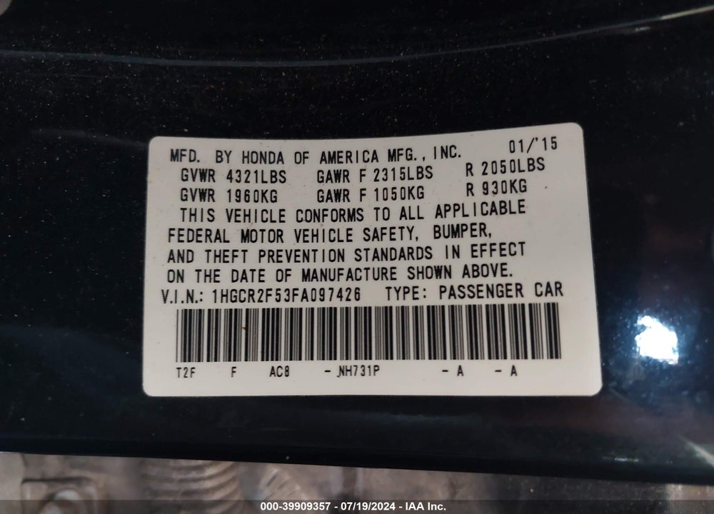 2015 HONDA ACCORD SPORT VIN: 1HGCR2F53FA097426