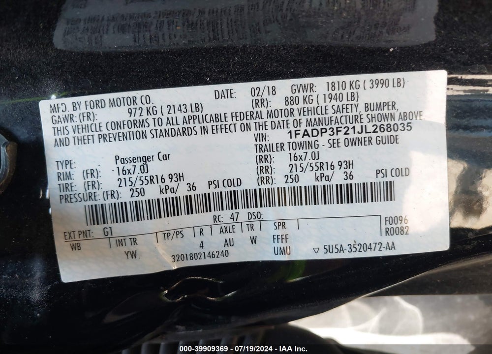 2018 FORD FOCUS SE VIN: 1FADP3F21JL268035