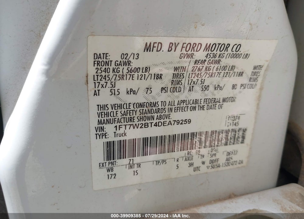 2013 FORD F-250 XL VIN: 1FT7W2BT4DEA79259