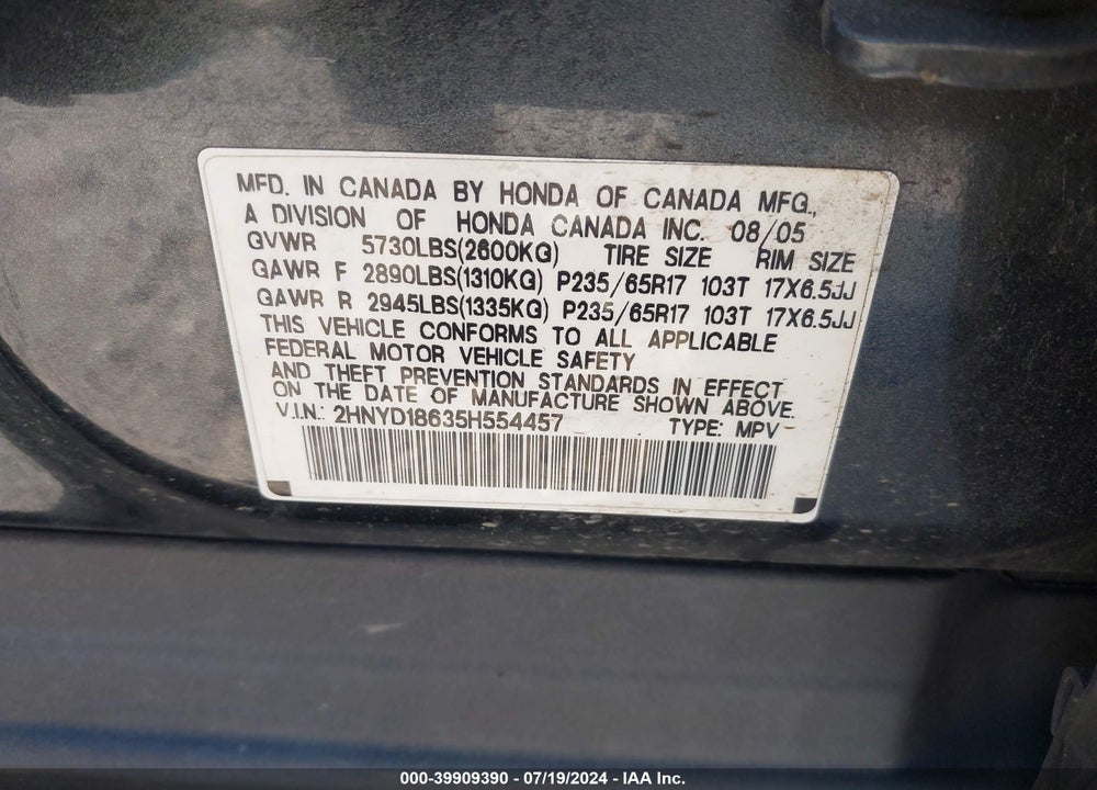 2005 ACURA MDX VIN: 2HNYD18635H554457